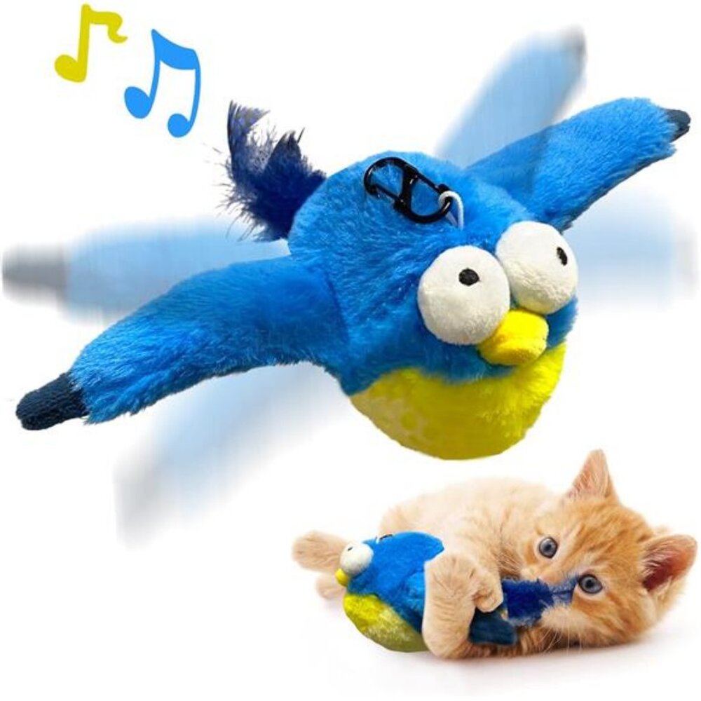 Cat Toys Flapping Wings Blue-Bird No Flying Chirping Bird Interactive Catnip